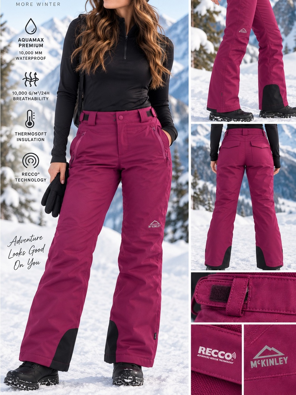 McKINLEY Women’s L Red Ski Snow Pants Aquamax 10K RECCO Thermosoft